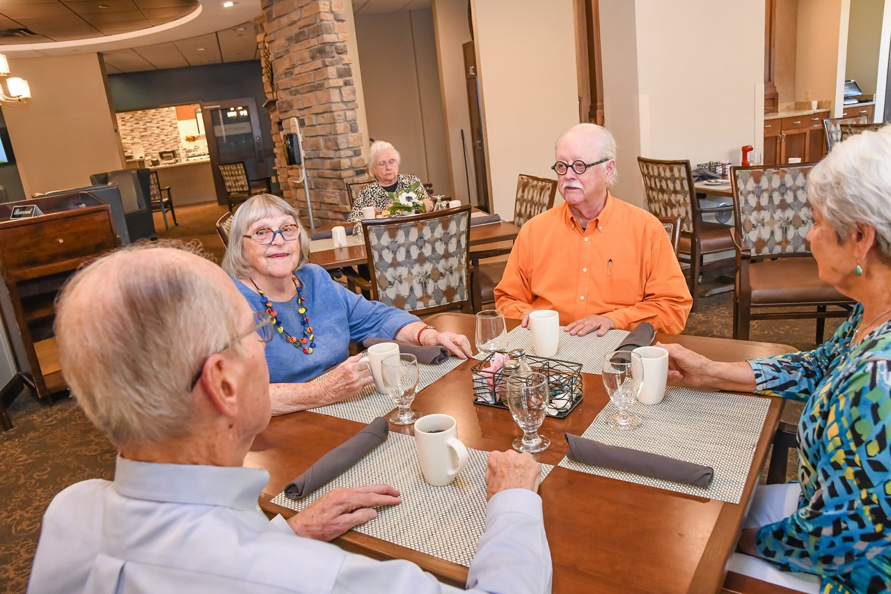 happy seniors chatting at table